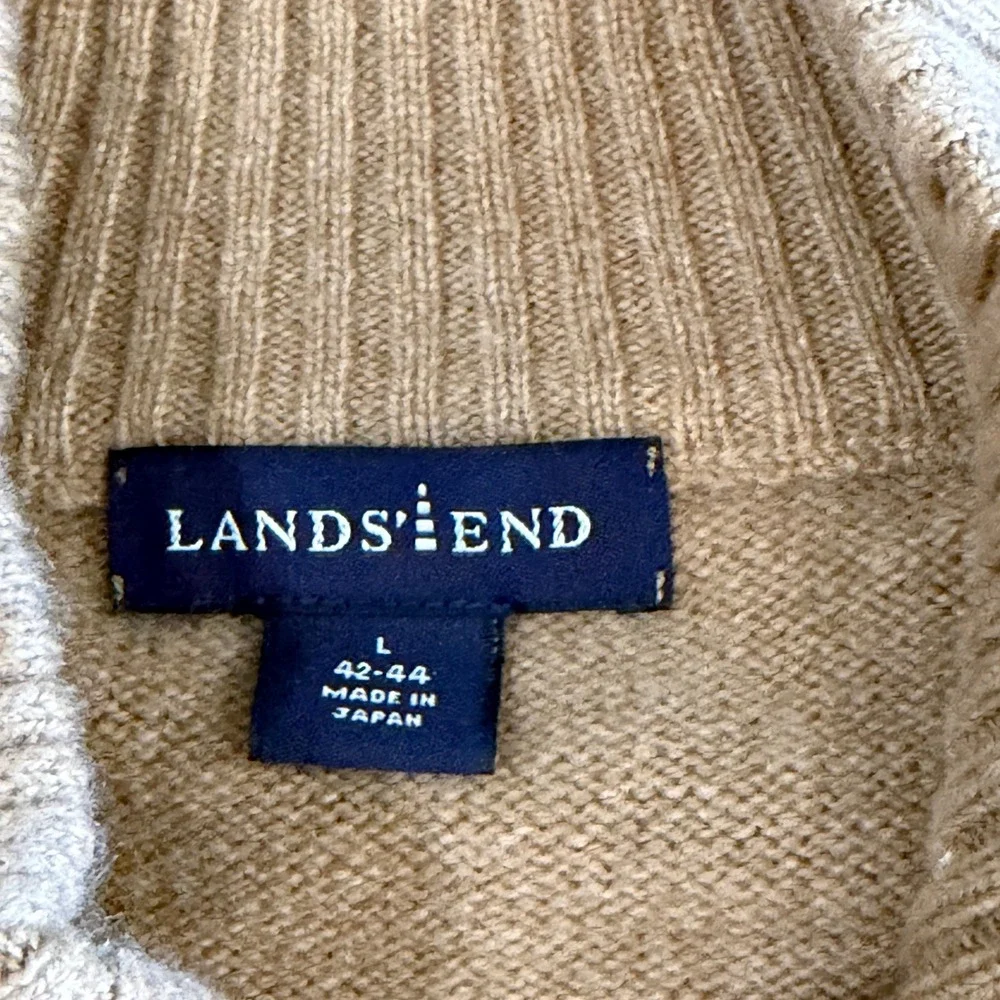 Lands End Mens Lambs Wool Cashmere 1/4 Zip Mock Neck Sweater Tan Luxury Large